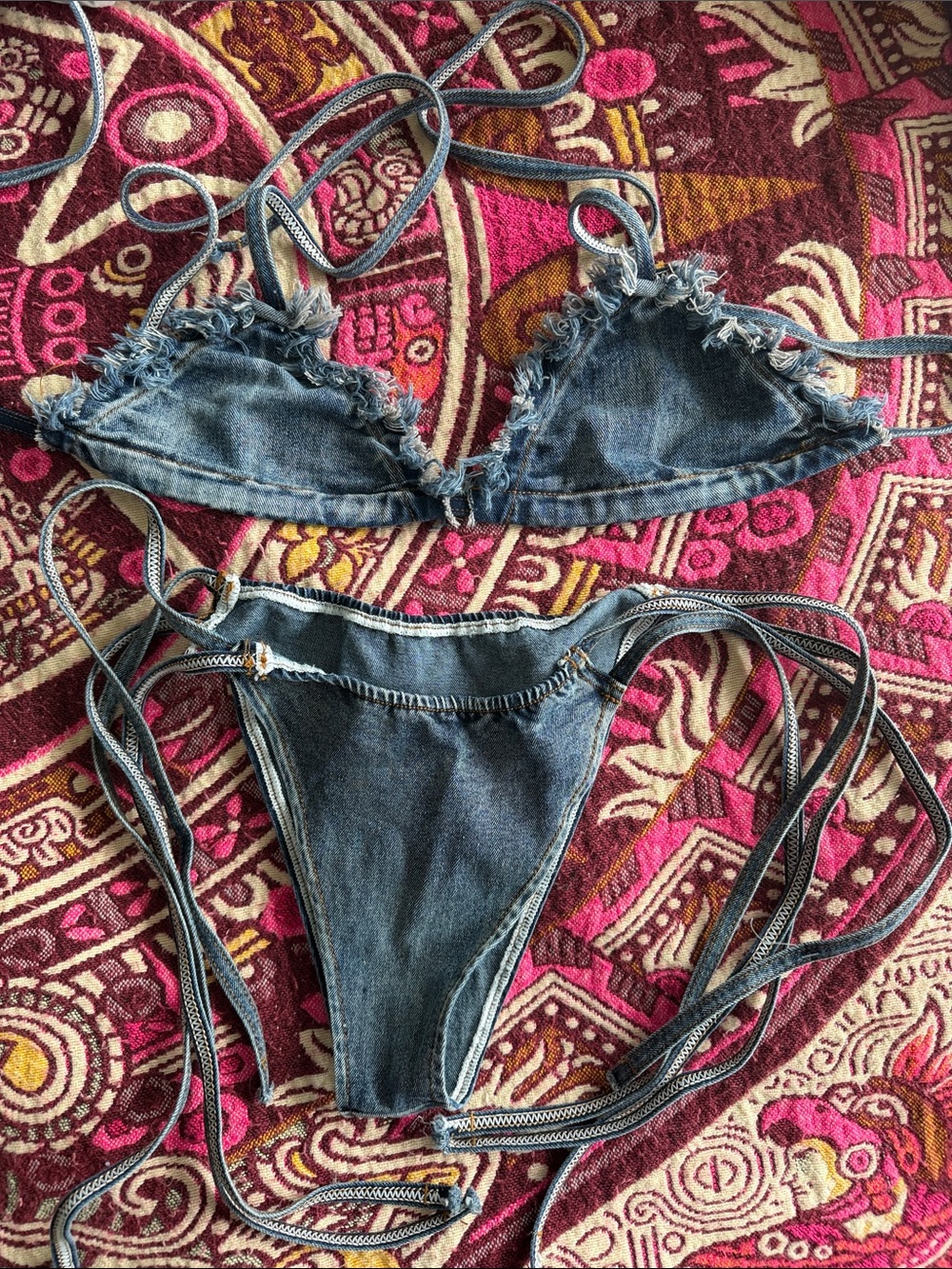 Fashion Nova Denim Blue Frayed String Bikini Set